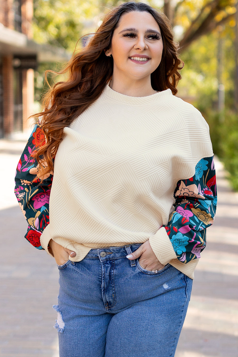 White Floral Patchwork Sleeve Textured Plus Size Pullover Top-0