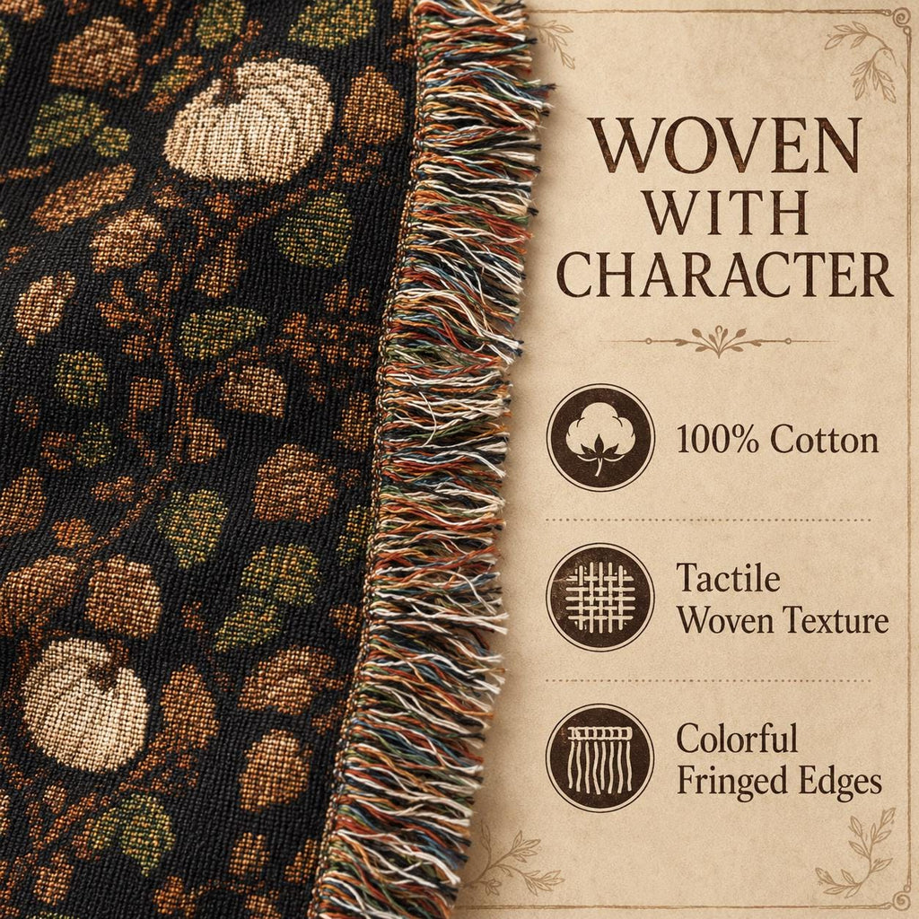 Vintage Fall Pumpkin Woven Blanket, Tapestry Throw, 100 Percent Cotton Fringed Autumn Decor, Thanksgiving Gift