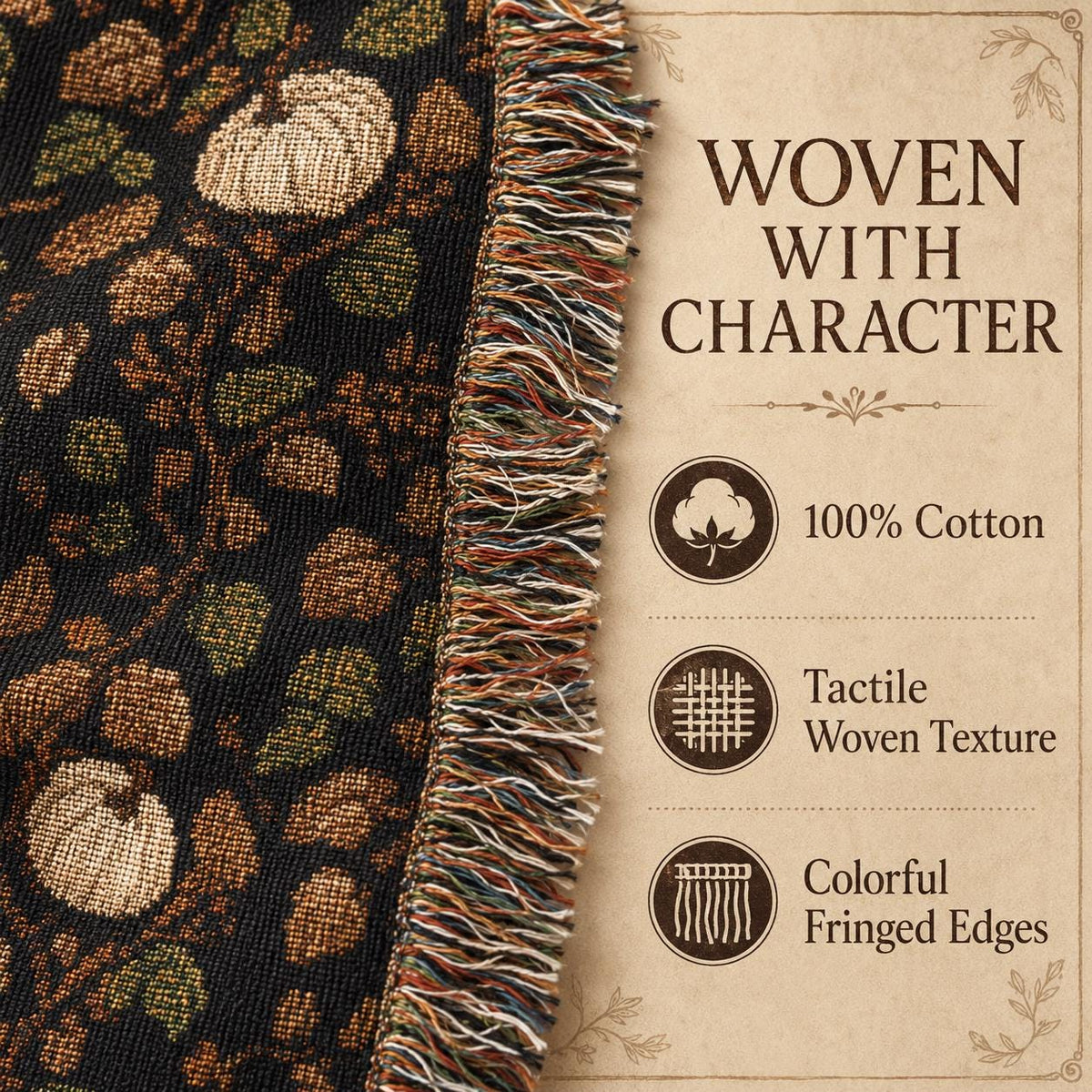 Vintage Fall Pumpkin Woven Blanket, Tapestry Throw, 100 Percent Cotton Fringed Autumn Decor, Thanksgiving Gift