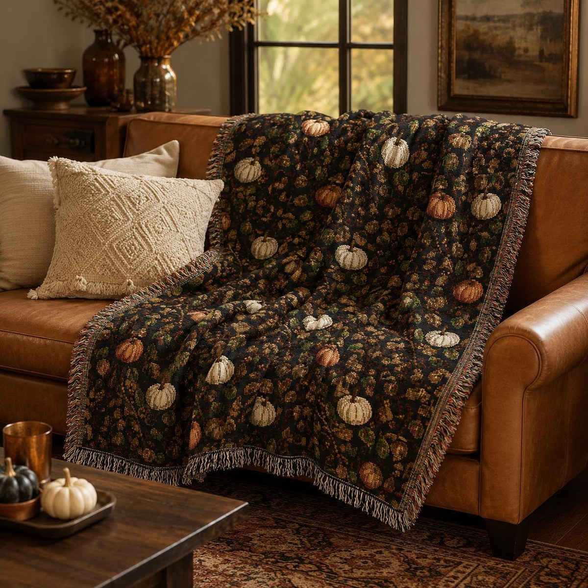 Vintage Fall Pumpkin Woven Blanket, Tapestry Throw, 100 Percent Cotton Fringed Autumn Decor, Thanksgiving Gift
