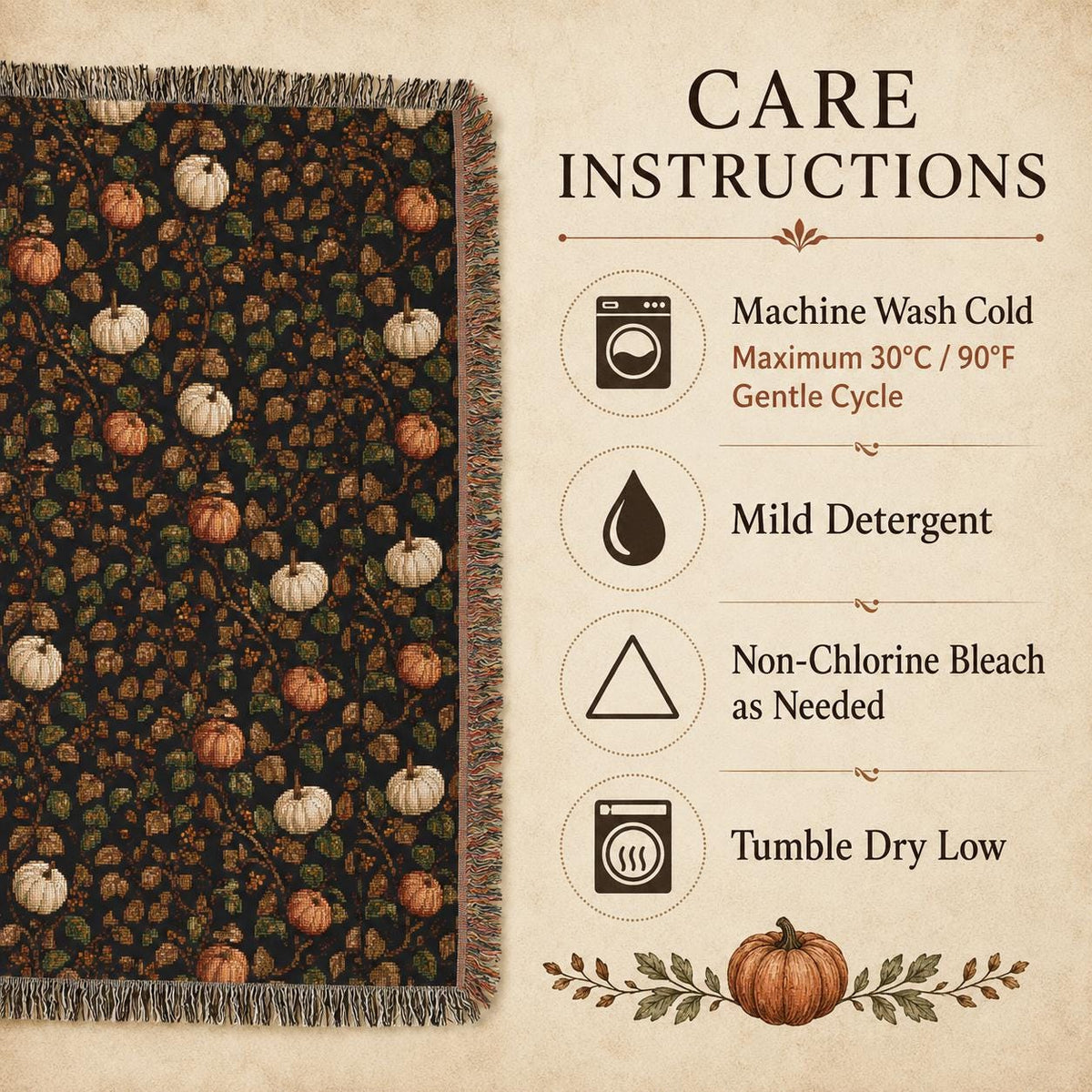 Vintage Fall Pumpkin Woven Blanket, Tapestry Throw, 100 Percent Cotton Fringed Autumn Decor, Thanksgiving Gift