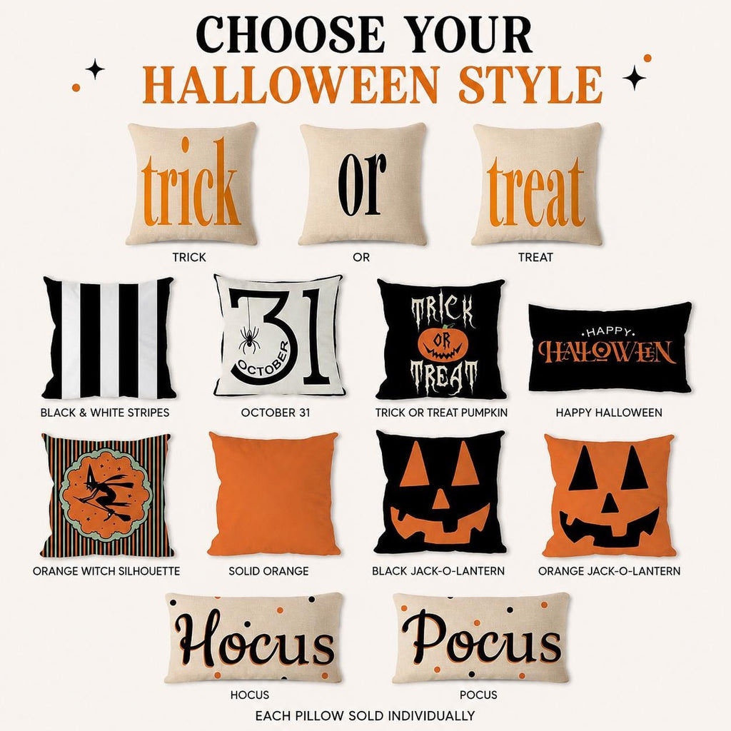 Halloween Throw Pillow, Filled Cotton Linen Cushion, Trick or Treat Pumpkin Pillow, Orange Black Halloween Sofa and Porch Decor
