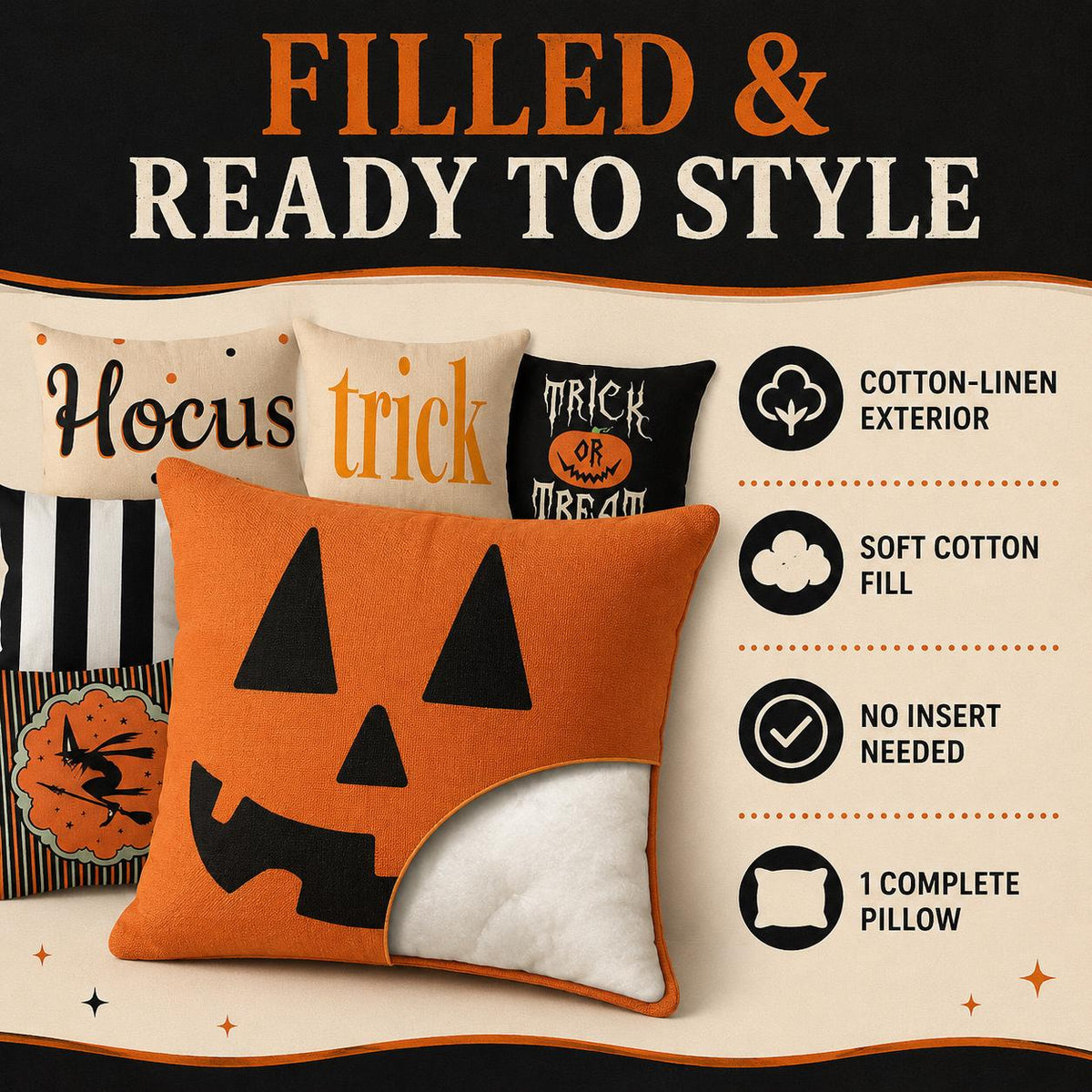 Halloween Throw Pillow, Filled Cotton Linen Cushion, Trick or Treat Pumpkin Pillow, Orange Black Halloween Sofa and Porch Decor