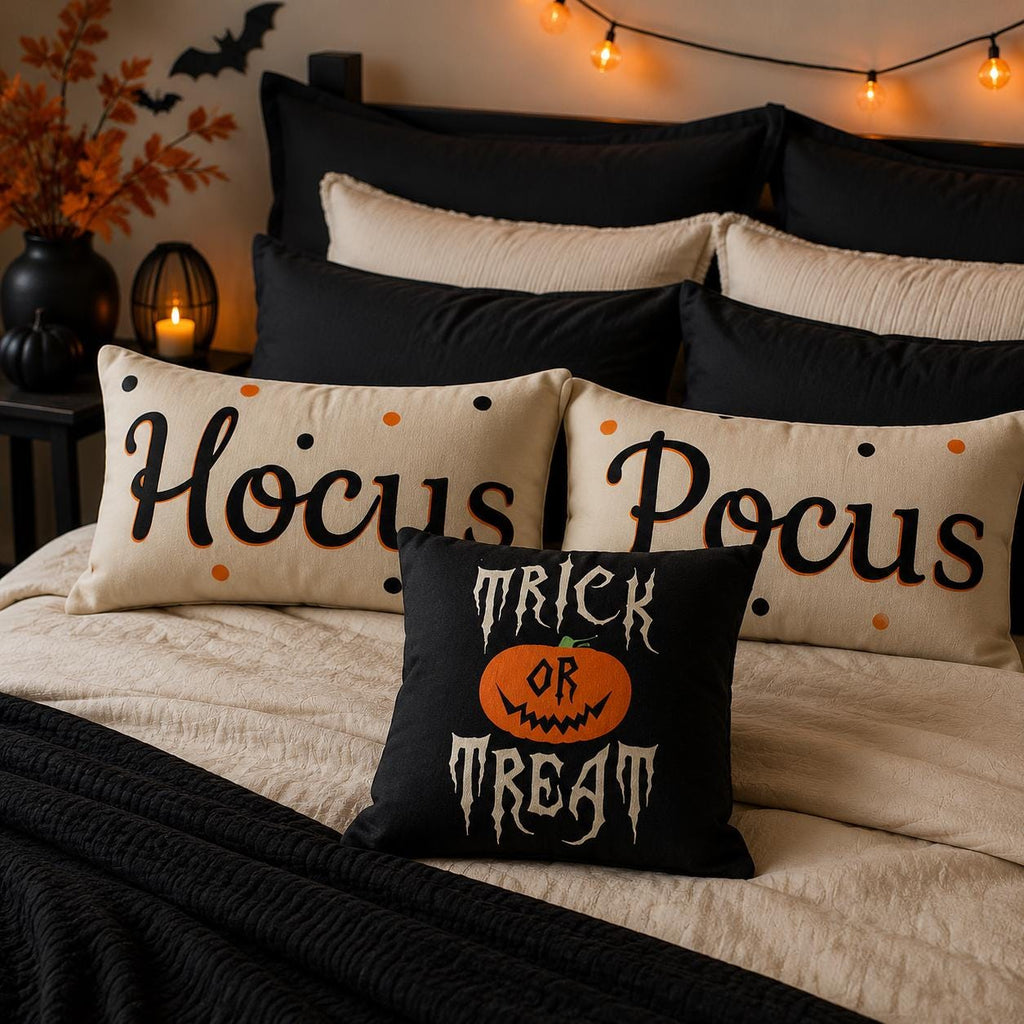 Halloween Throw Pillow, Filled Cotton Linen Cushion, Trick or Treat Pumpkin Pillow, Orange Black Halloween Sofa and Porch Decor