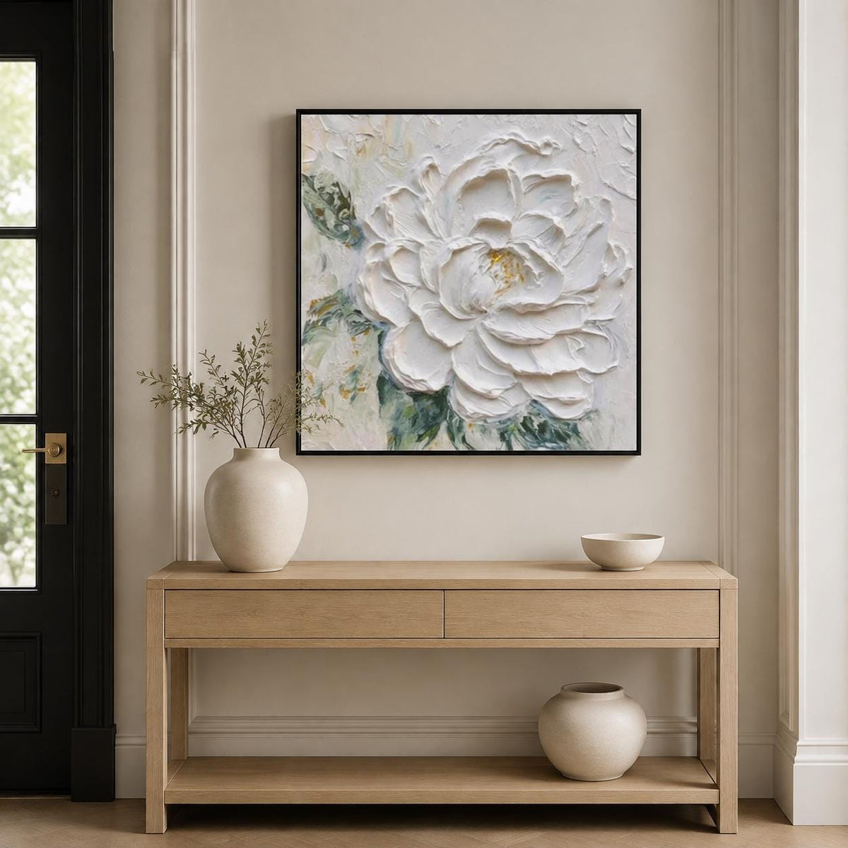 White Flower Painting, Hand Painted Textured Canvas Wall Art, Cream Floral Decor, Square Botanical Art, Framed or Frameless