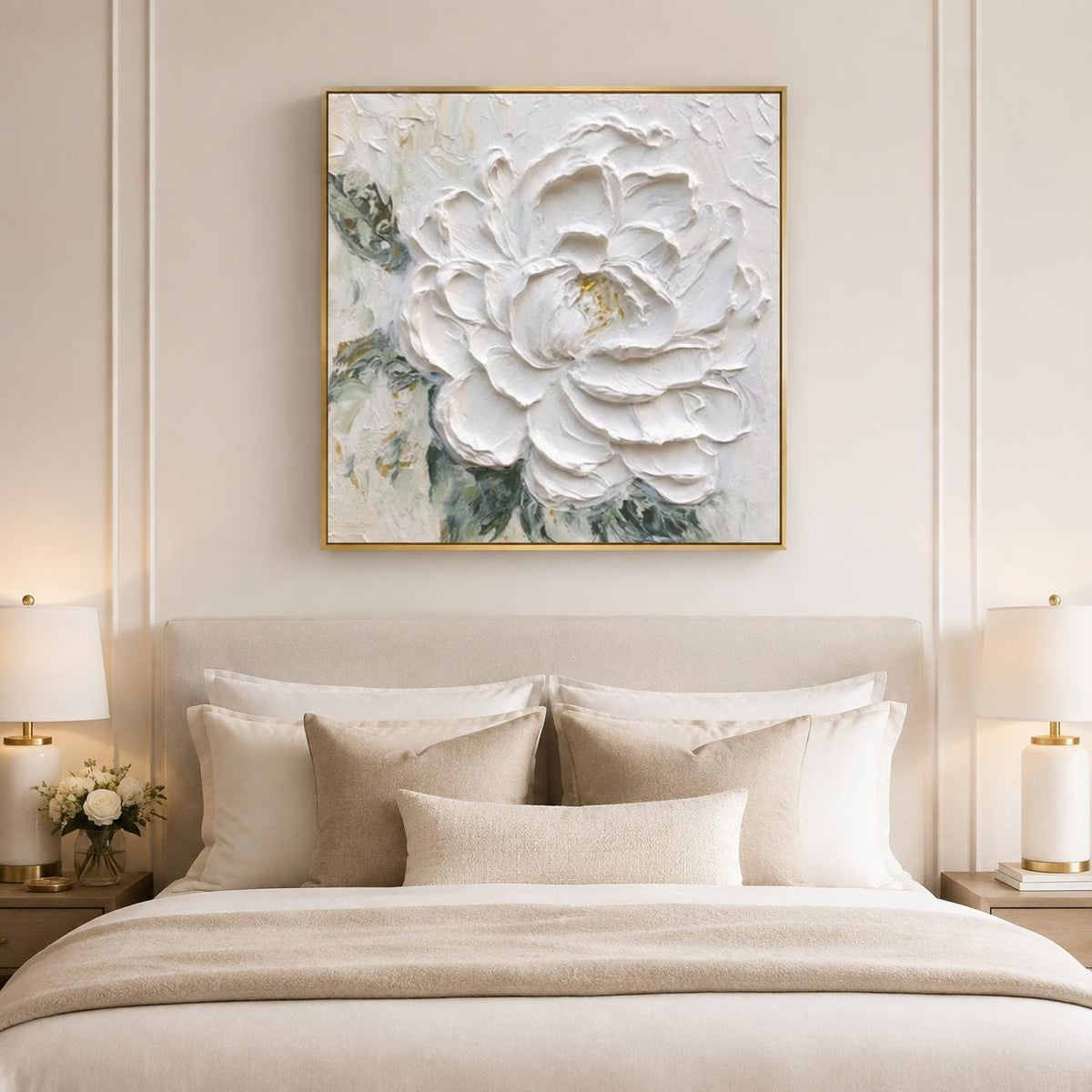 White Flower Painting, Hand Painted Textured Canvas Wall Art, Cream Floral Decor, Square Botanical Art, Framed or Frameless