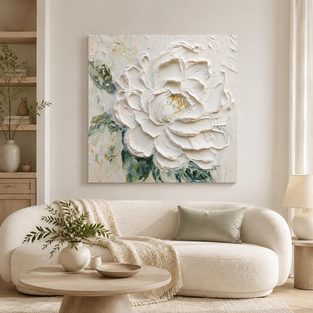 White Flower Painting, Hand Painted Textured Canvas Wall Art, Cream Floral Decor, Square Botanical Art, Framed or Frameless