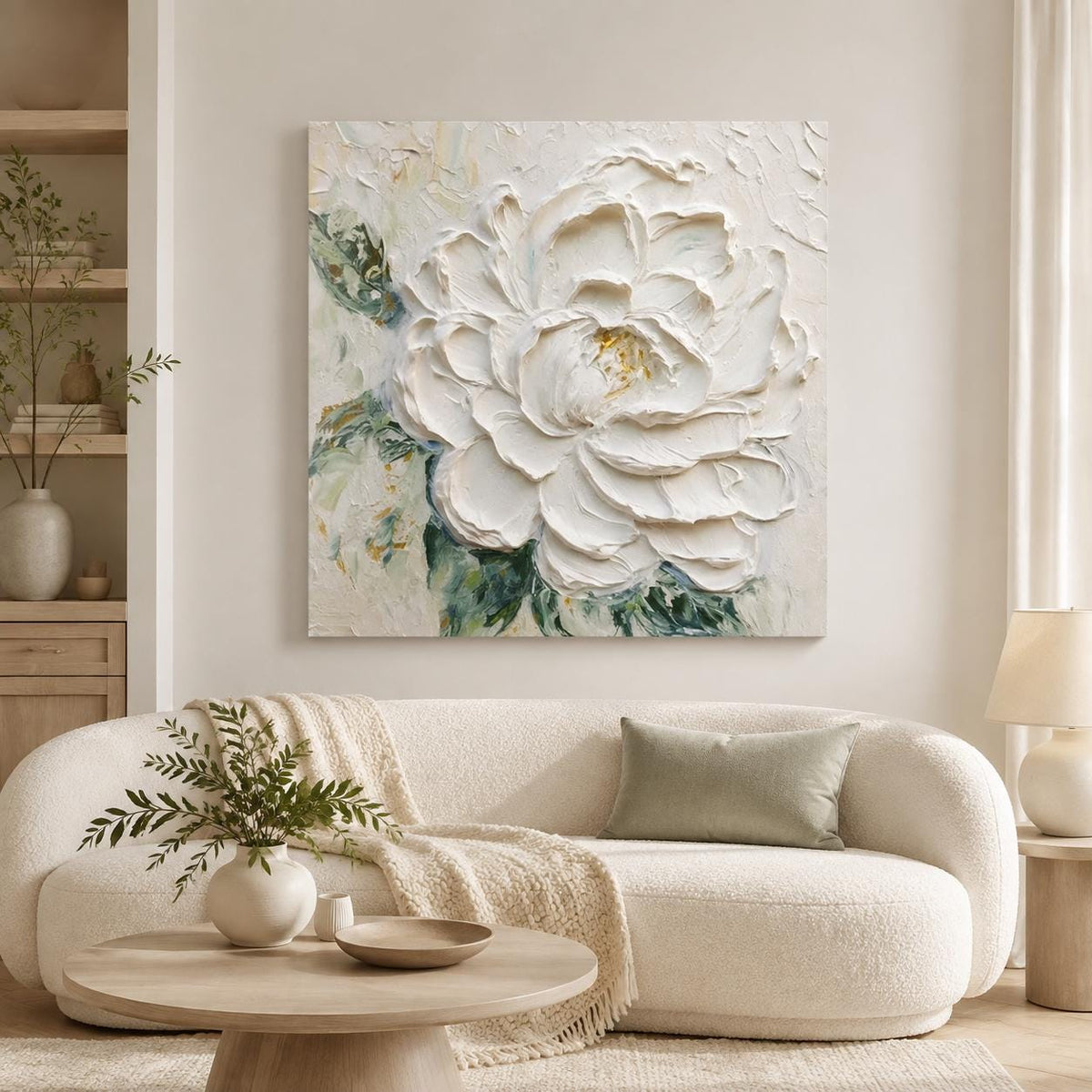 White Flower Painting, Hand Painted Textured Canvas Wall Art, Cream Floral Decor, Square Botanical Art, Framed or Frameless