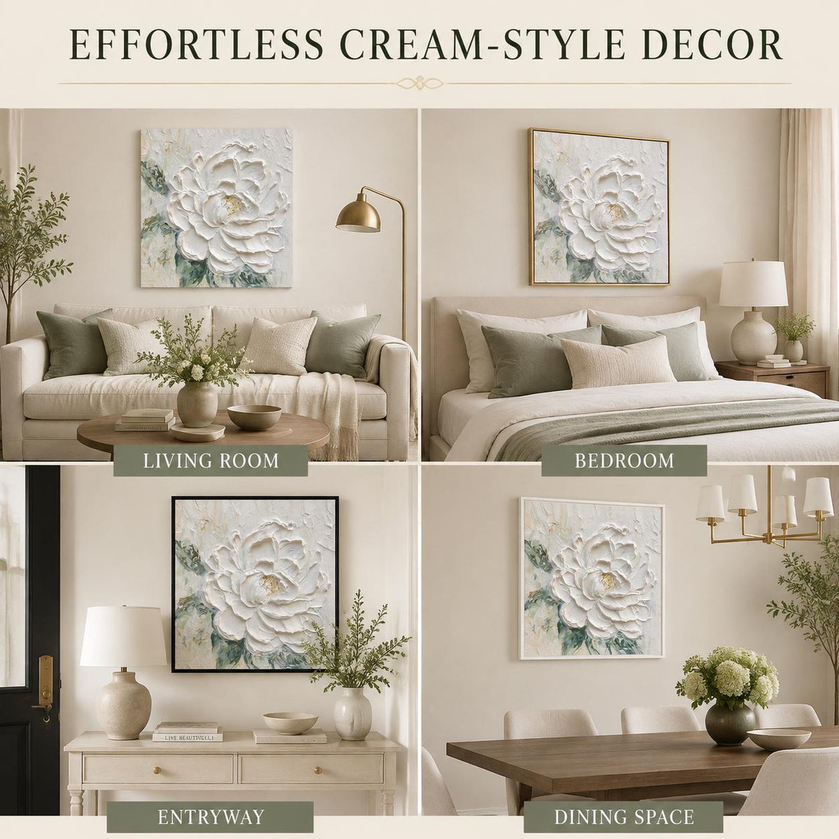 White Flower Painting, Hand Painted Textured Canvas Wall Art, Cream Floral Decor, Square Botanical Art, Framed or Frameless
