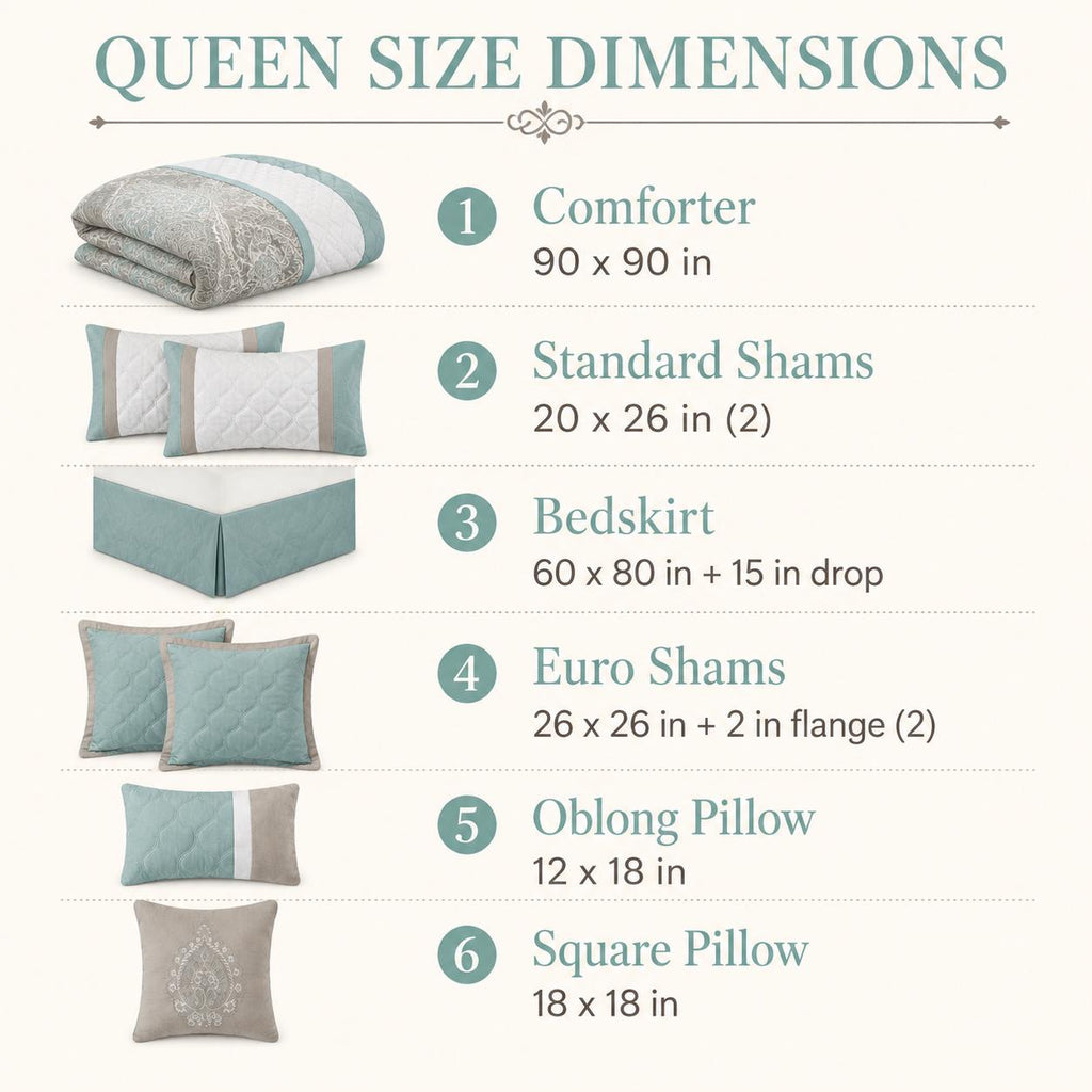 Seafoam Queen Comforter Set, 8 Piece Damask Bedding Set, Quilted Bed Set With Bedskirt, Shams and Decorative Pillows