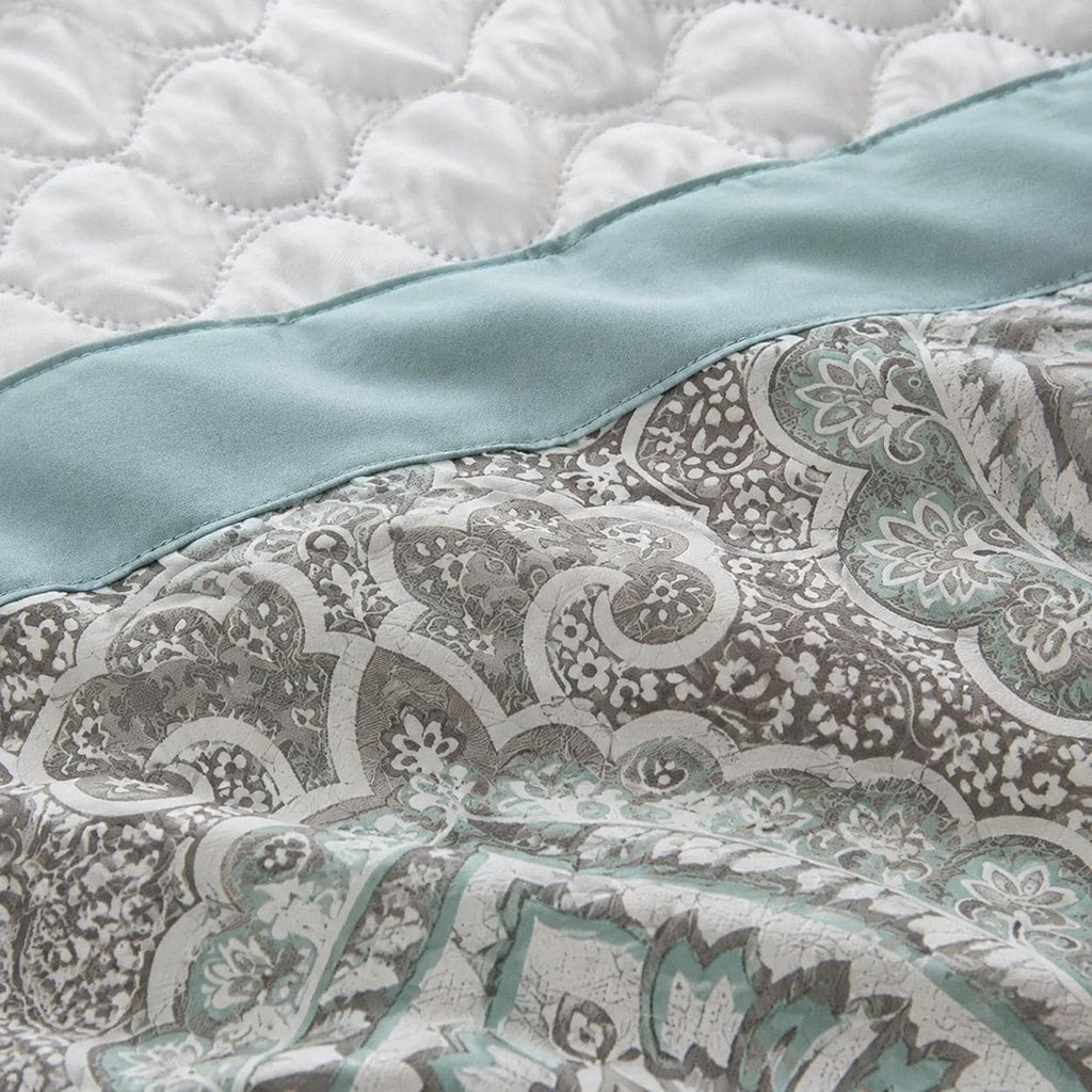 Seafoam Queen Comforter Set, 8 Piece Damask Bedding Set, Quilted Bed Set With Bedskirt, Shams and Decorative Pillows
