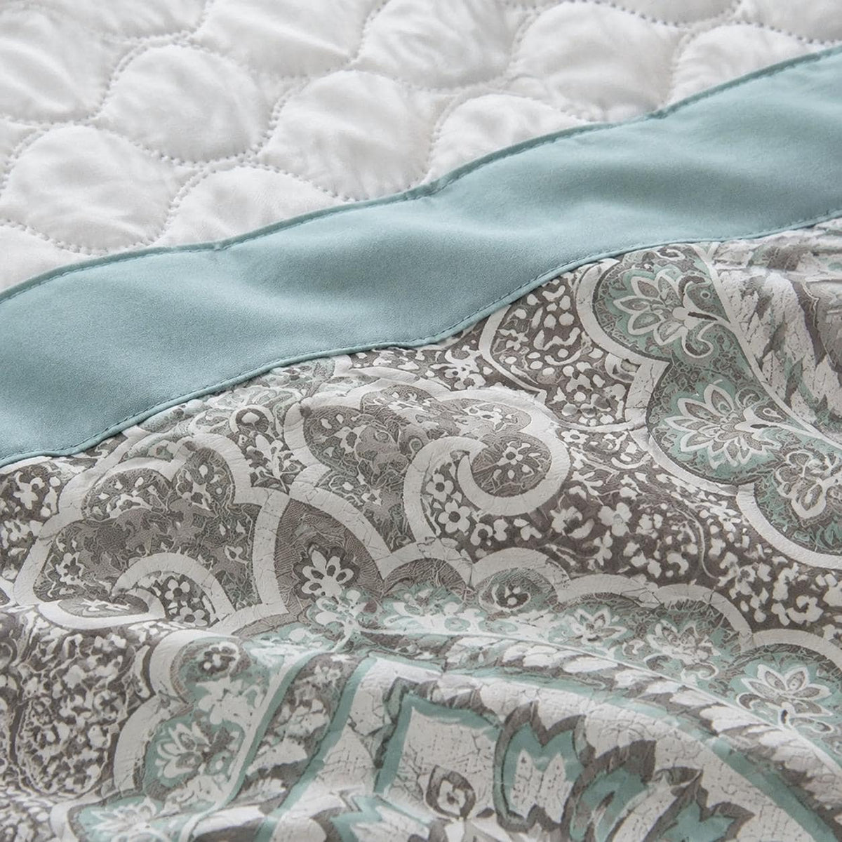 Seafoam Queen Comforter Set, 8 Piece Damask Bedding Set, Quilted Bed Set With Bedskirt, Shams and Decorative Pillows