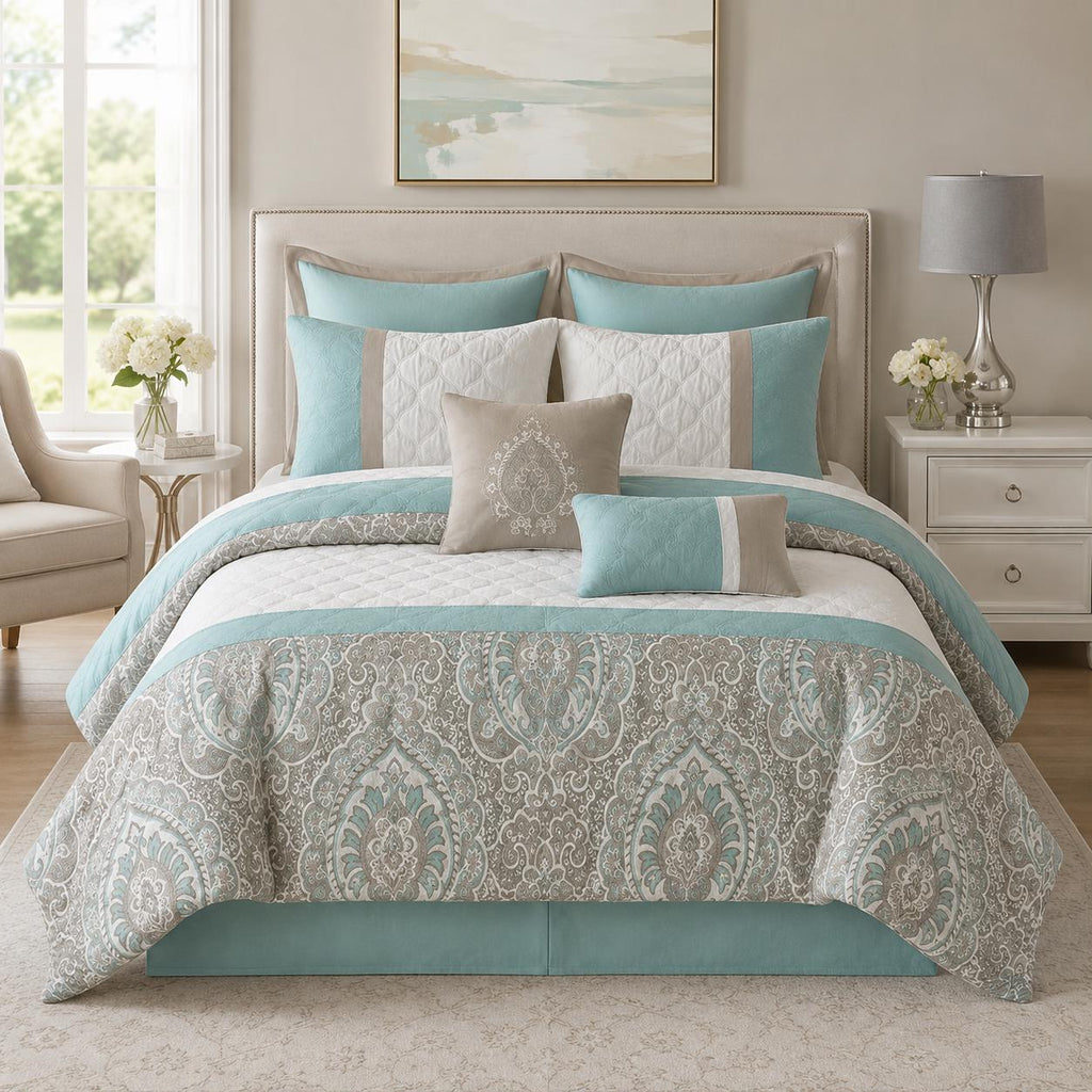 Seafoam Queen Comforter Set, 8 Piece Damask Bedding Set, Quilted Bed Set With Bedskirt, Shams and Decorative Pillows