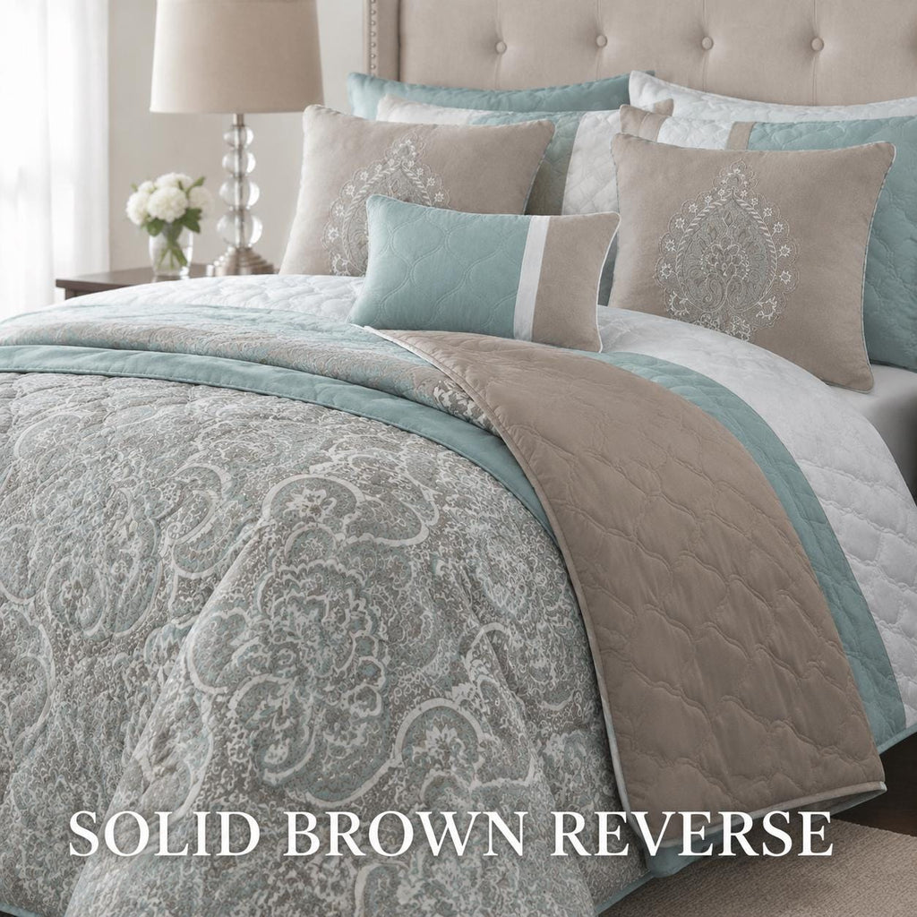 Seafoam Queen Comforter Set, 8 Piece Damask Bedding Set, Quilted Bed Set With Bedskirt, Shams and Decorative Pillows