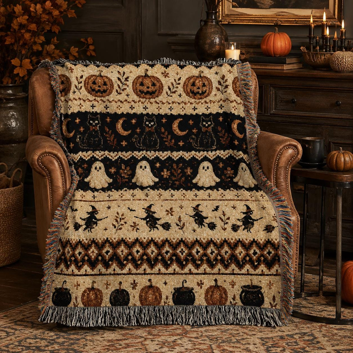 Ghost Cat Halloween Woven Blanket