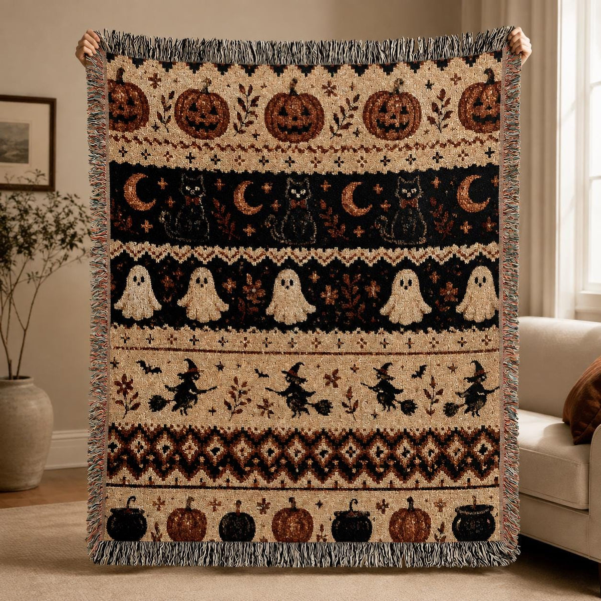 Ghost Cat Halloween Woven Blanket