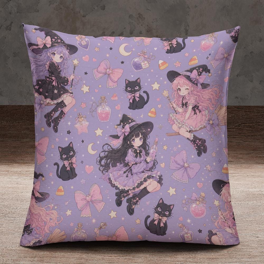 Kawaii Witch Pillowcase, Pastel Goth Halloween Decor, Purple Black Cat Throw Pillow, Cute Spooky Cushion, Witchy Gift for Teen