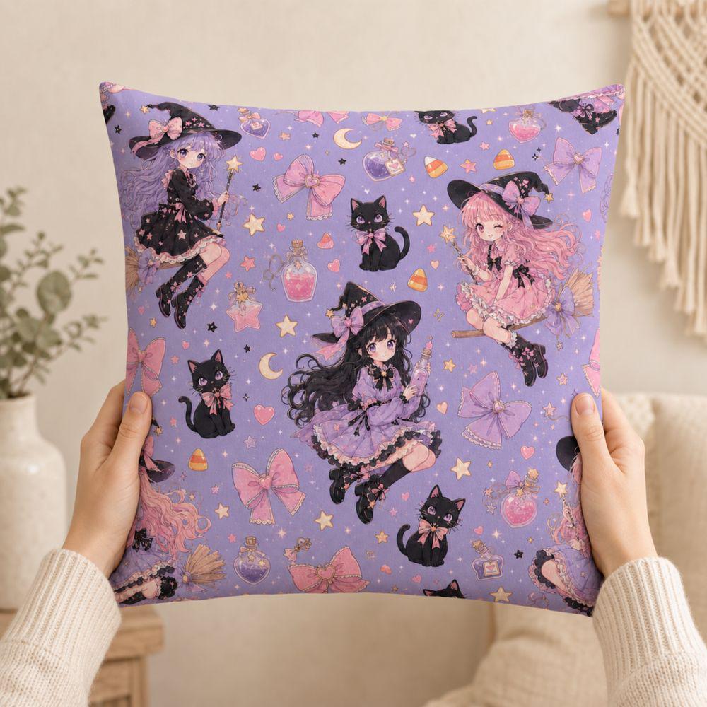 Kawaii Witch Pillowcase, Pastel Goth Halloween Decor, Purple Black Cat Throw Pillow, Cute Spooky Cushion, Witchy Gift for Teen