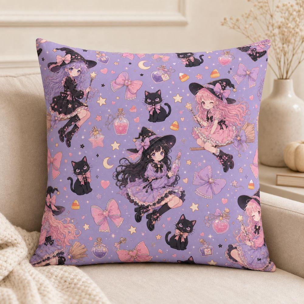 Kawaii Witch Pillowcase, Pastel Goth Halloween Decor, Purple Black Cat Throw Pillow, Cute Spooky Cushion, Witchy Gift for Teen
