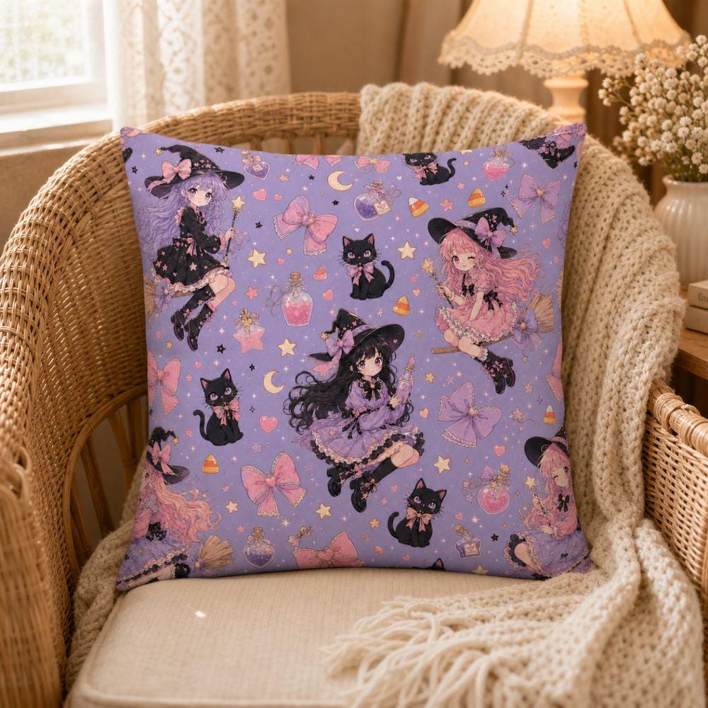Kawaii Witch Pillowcase, Pastel Goth Halloween Decor, Purple Black Cat Throw Pillow, Cute Spooky Cushion, Witchy Gift for Teen