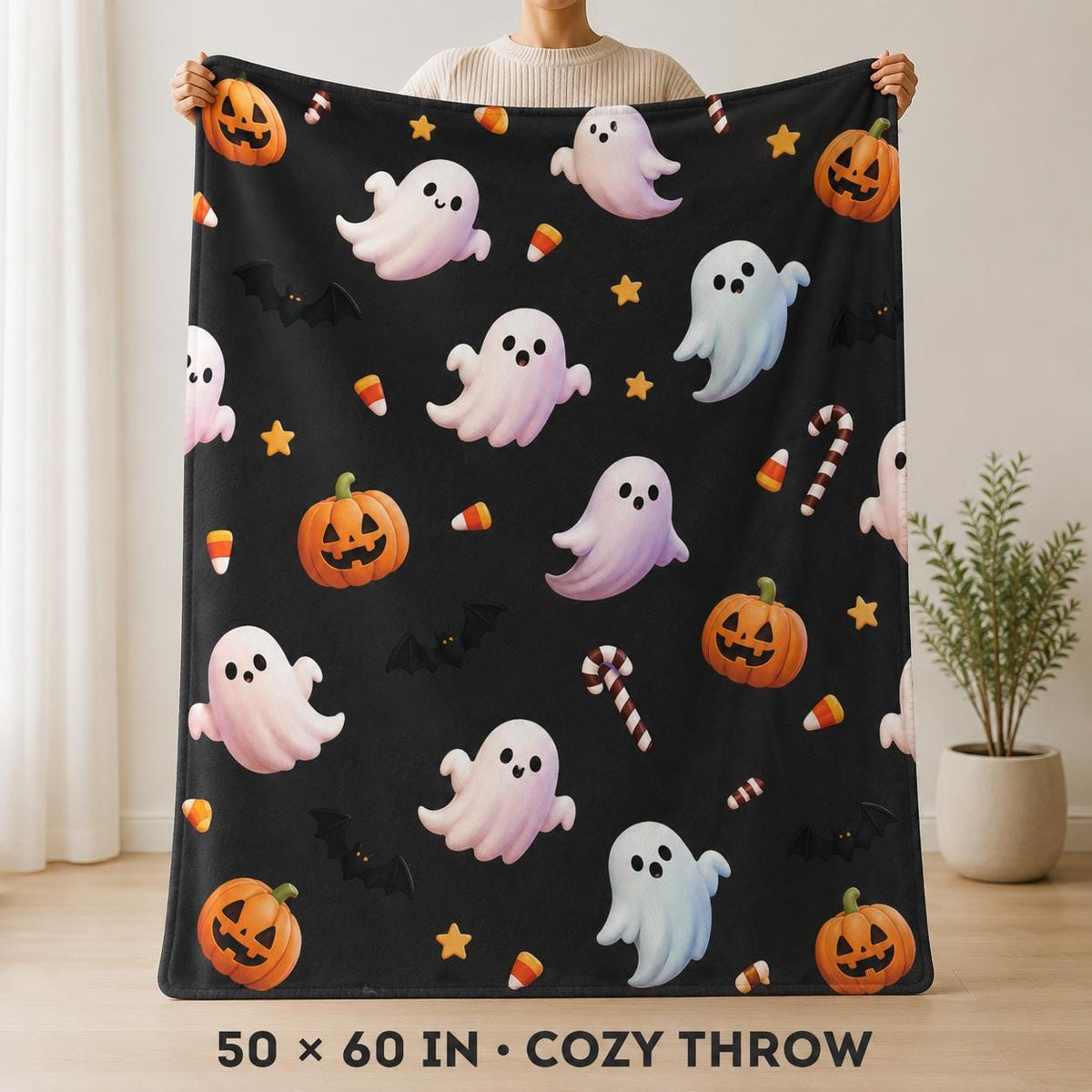Cute Ghost Halloween Sherpa Blanket, Pumpkin Fleece Throw, Cozy Spooky Blanket, Kids Halloween Decor