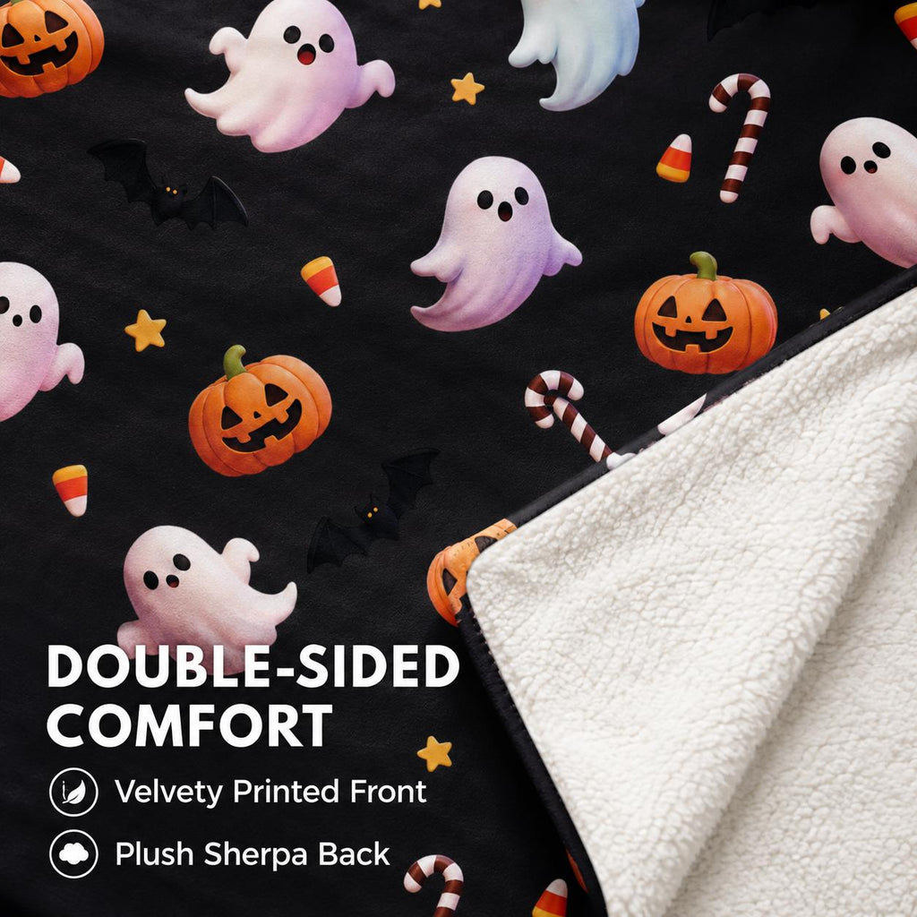 Cute Ghost Halloween Sherpa Blanket, Pumpkin Fleece Throw, Cozy Spooky Blanket, Kids Halloween Decor