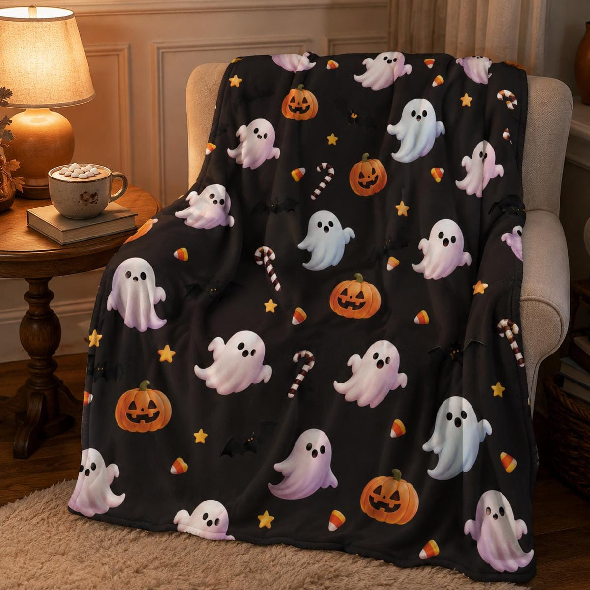 Cute Ghost Halloween Sherpa Blanket, Pumpkin Fleece Throw, Cozy Spooky Blanket, Kids Halloween Decor