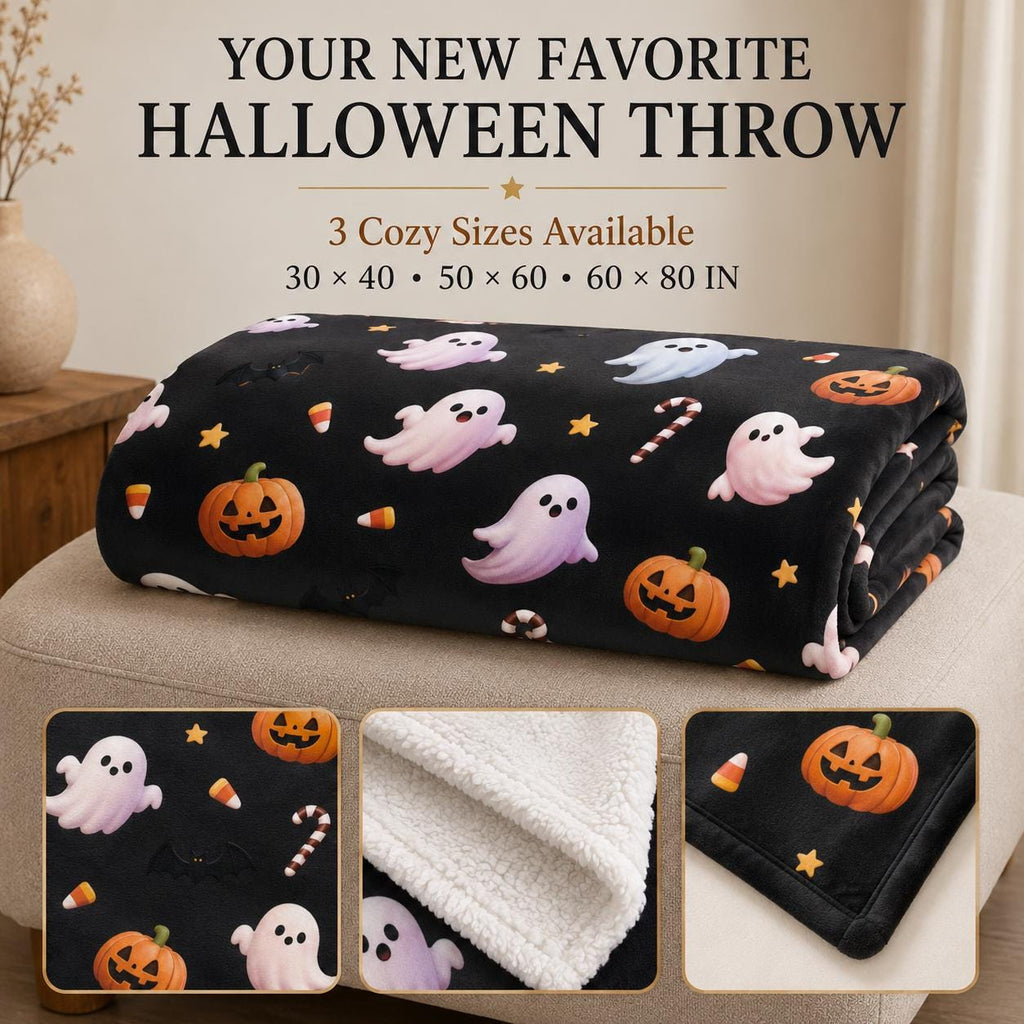 Cute Ghost Halloween Sherpa Blanket, Pumpkin Fleece Throw, Cozy Spooky Blanket, Kids Halloween Decor