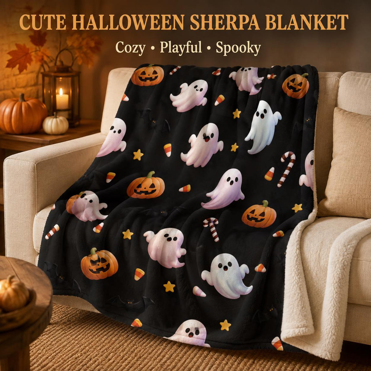 Cute Ghost Halloween Sherpa Blanket, Pumpkin Fleece Throw, Cozy Spooky Blanket, Kids Halloween Decor