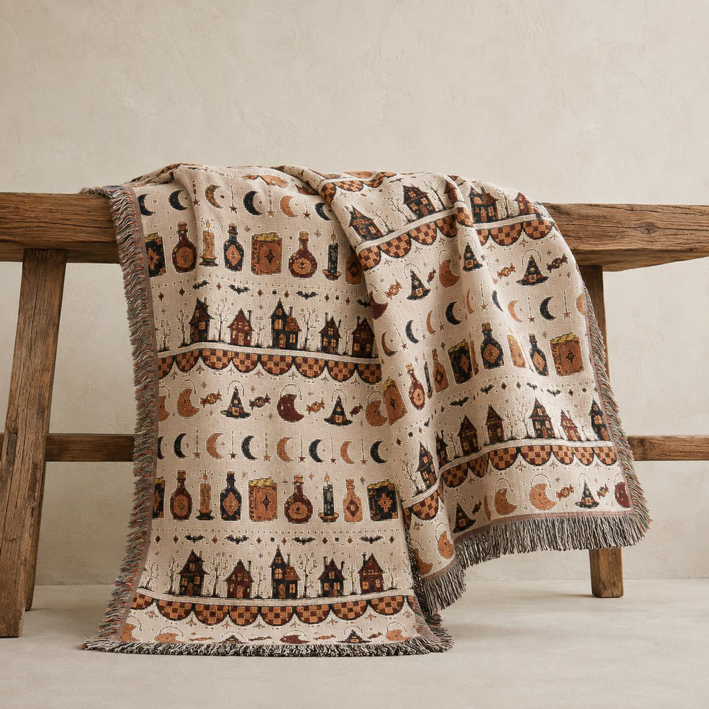 Woven Witchy Apothecary Throw Blanket, Potion Bottles Moons Gothic Halloween Decor, Autumn Witch Gift