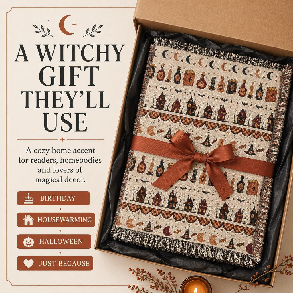 Woven Witchy Apothecary Throw Blanket, Potion Bottles Moons Gothic Halloween Decor, Autumn Witch Gift