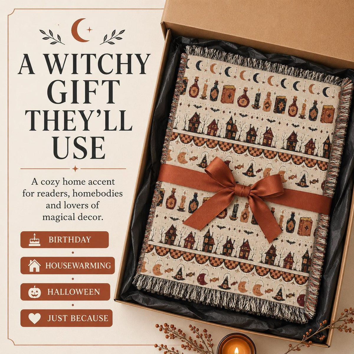 Woven Witchy Apothecary Throw Blanket, Potion Bottles Moons Gothic Halloween Decor, Autumn Witch Gift