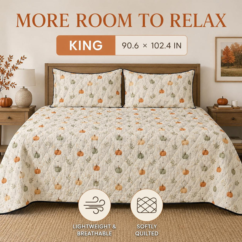 Pumpkin Quilt Cover Set with 2 Pillowcases, Fall Botanical Bedding, Lightweight Autumn Duvet, Twin Queen King