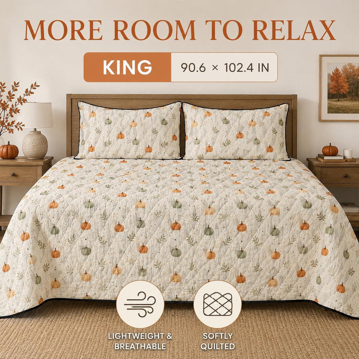 Pumpkin Quilt Cover Set with 2 Pillowcases, Fall Botanical Bedding, Lightweight Autumn Duvet, Twin Queen King