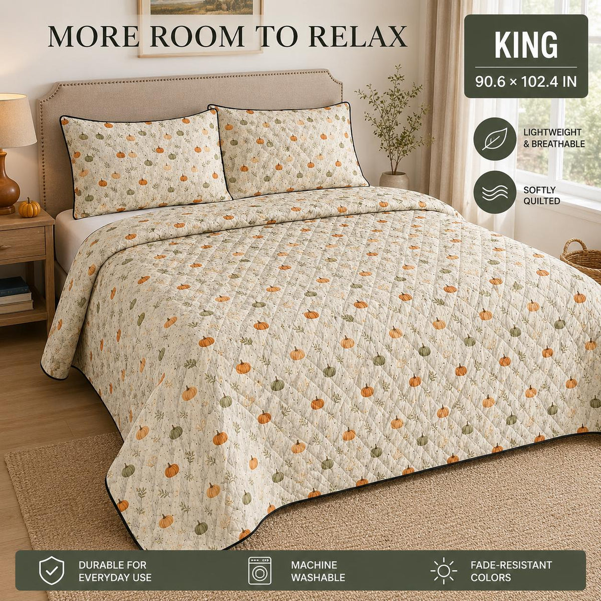 Pumpkin Quilt Cover Set with 2 Pillowcases, Fall Botanical Bedding, Lightweight Autumn Duvet, Twin Queen King