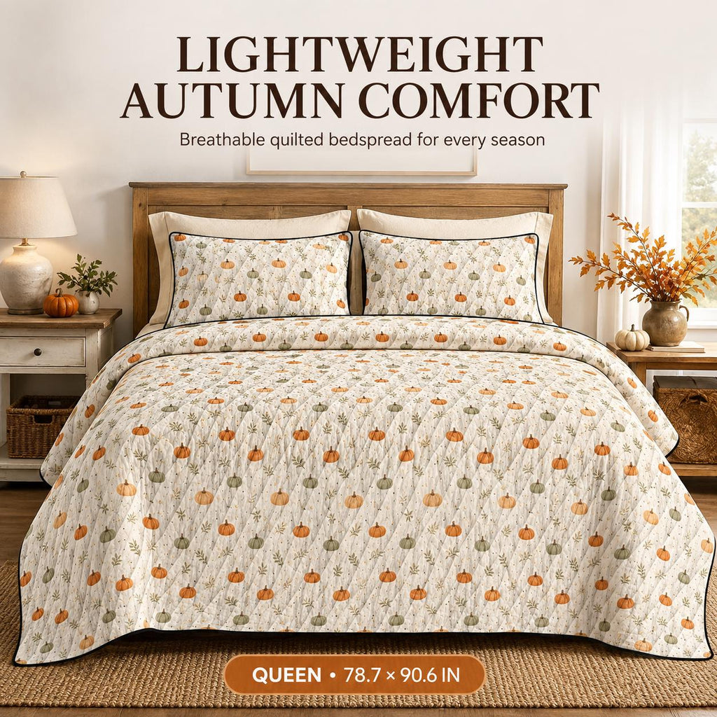 Pumpkin Quilt Cover Set with 2 Pillowcases, Fall Botanical Bedding, Lightweight Autumn Duvet, Twin Queen King