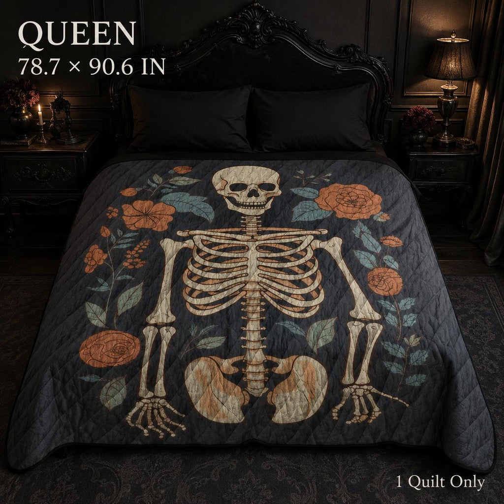 Gothic Skeleton Quilt, Floral Skull Bedspread, Dark Botanical Halloween Bedding, Lightweight Quilt, Twin Queen King