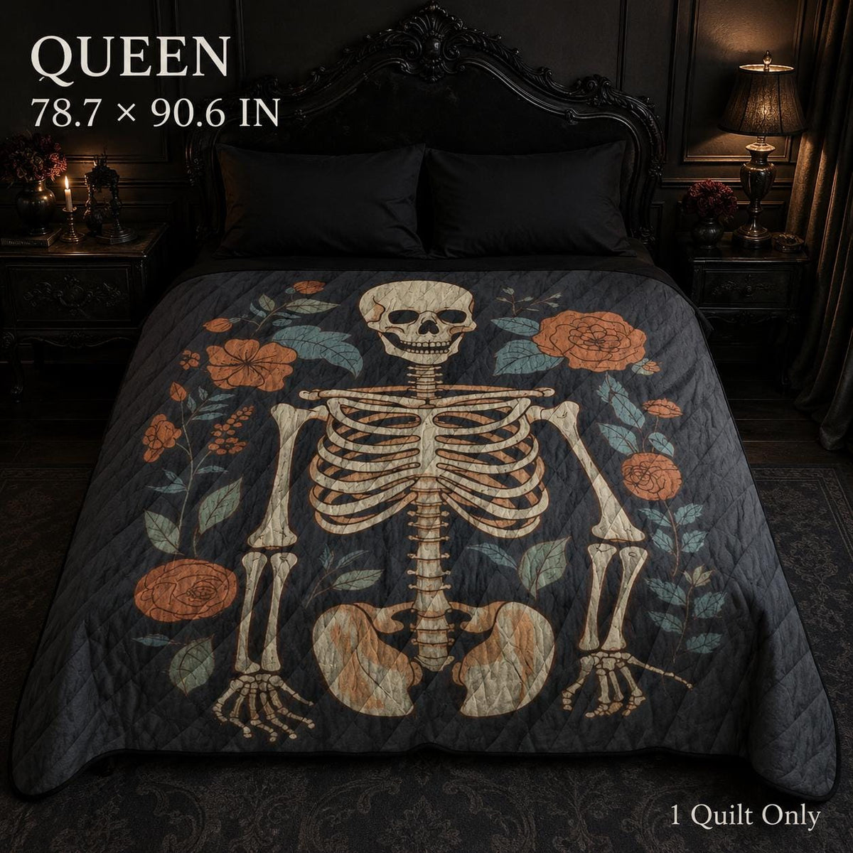 Gothic Skeleton Quilt, Floral Skull Bedspread, Dark Botanical Halloween Bedding, Lightweight Quilt, Twin Queen King