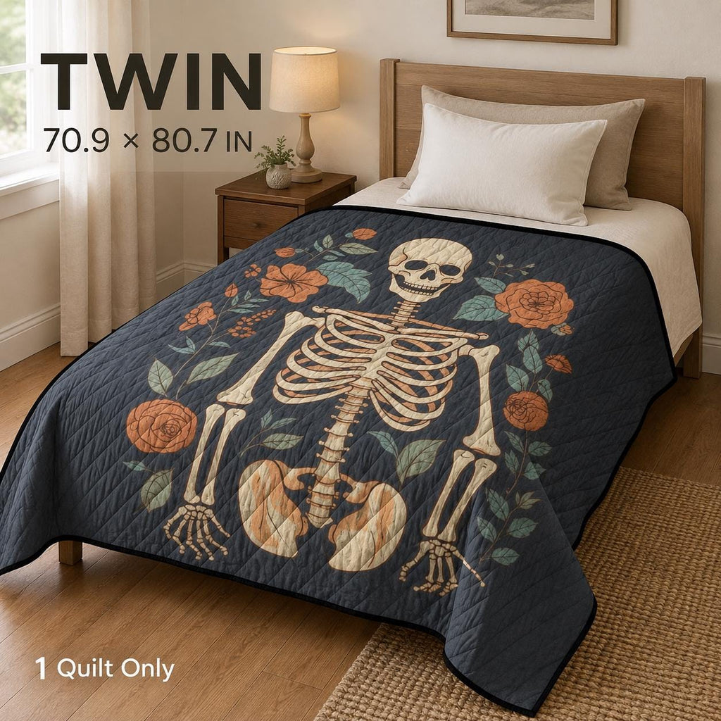 Gothic Skeleton Quilt, Floral Skull Bedspread, Dark Botanical Halloween Bedding, Lightweight Quilt, Twin Queen King