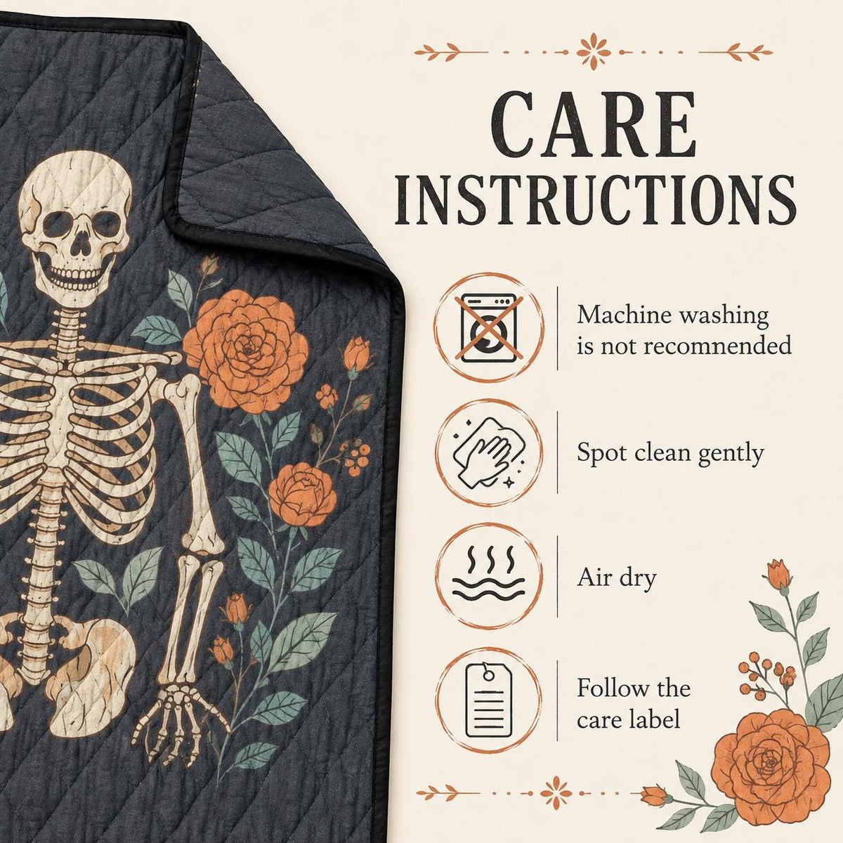Gothic Skeleton Quilt, Floral Skull Bedspread, Dark Botanical Halloween Bedding, Lightweight Quilt, Twin Queen King