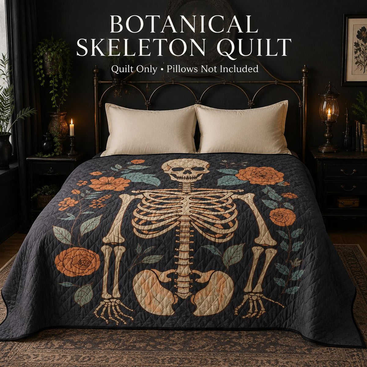Gothic Skeleton Quilt, Floral Skull Bedspread, Dark Botanical Halloween Bedding, Lightweight Quilt, Twin Queen King