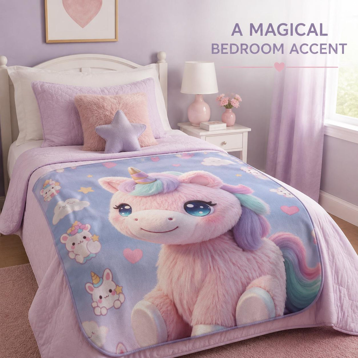 Pastel Unicorn Sherpa Blanket, Cute Kawaii Kids Throw, Girls Bedroom Decor, Cozy Unicorn Gift, Nursery Blanket