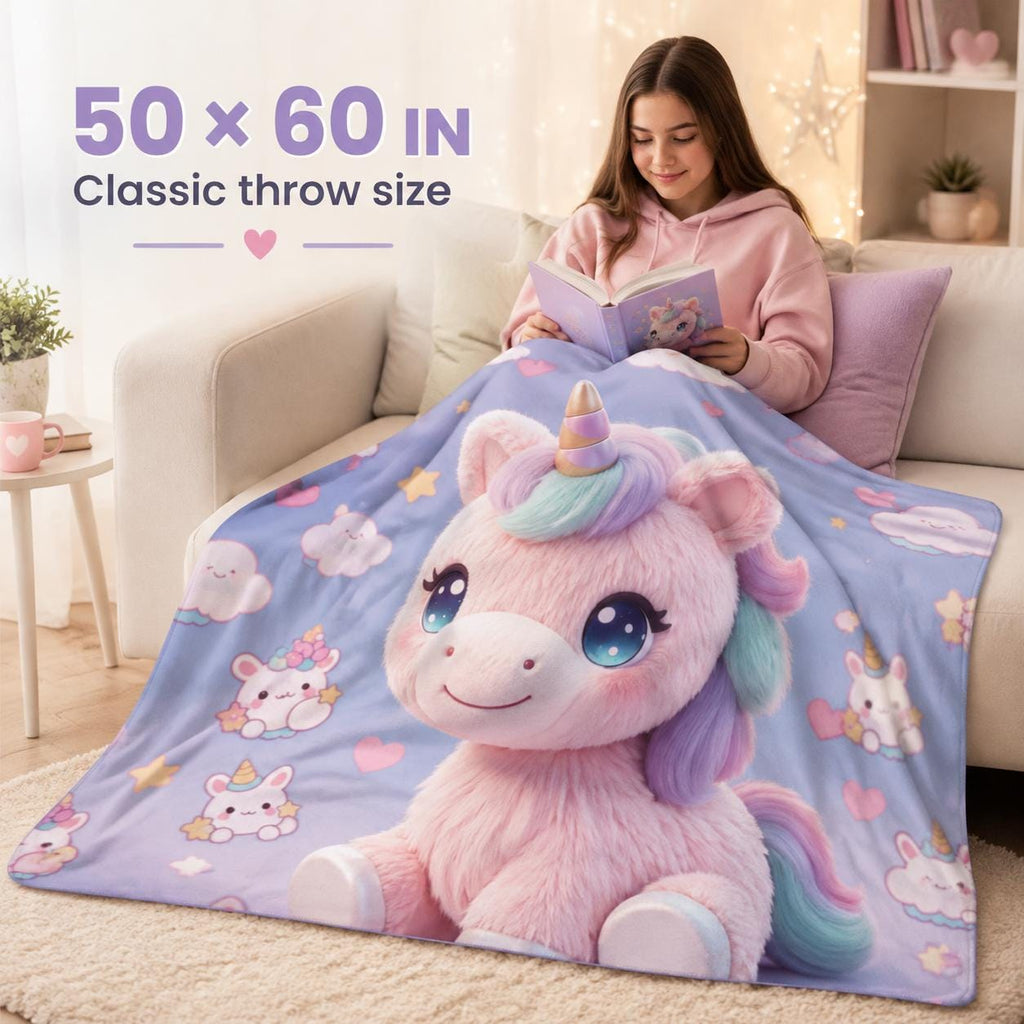 Pastel Unicorn Sherpa Blanket, Cute Kawaii Kids Throw, Girls Bedroom Decor, Cozy Unicorn Gift, Nursery Blanket