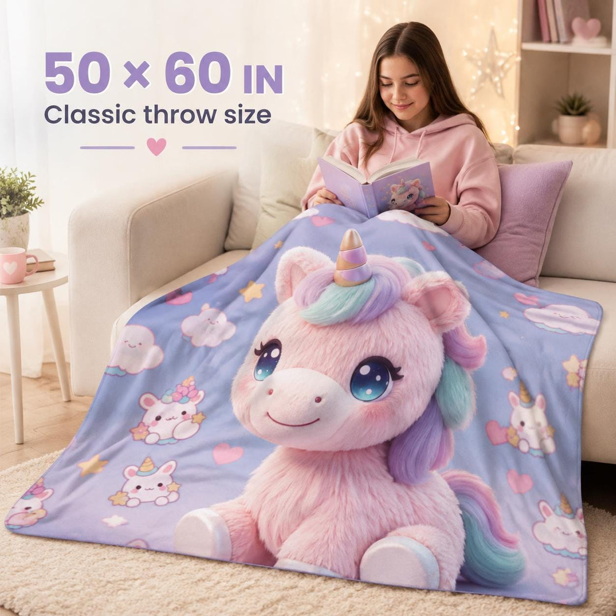 Pastel Unicorn Sherpa Blanket, Cute Kawaii Kids Throw, Girls Bedroom Decor, Cozy Unicorn Gift, Nursery Blanket