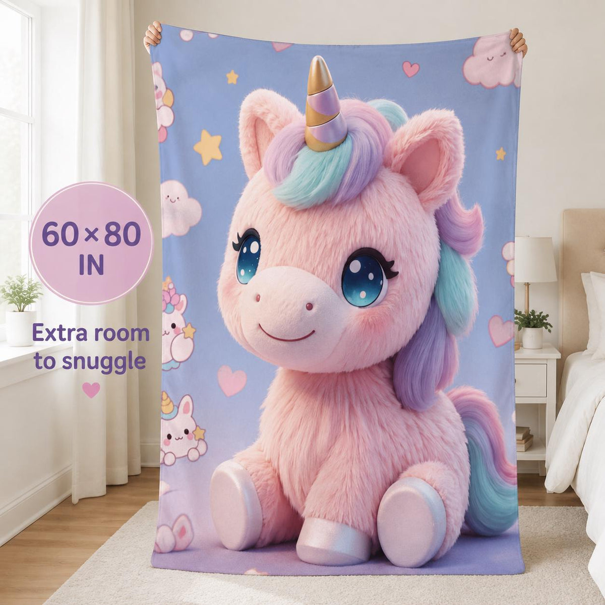 Pastel Unicorn Sherpa Blanket, Cute Kawaii Kids Throw, Girls Bedroom Decor, Cozy Unicorn Gift, Nursery Blanket