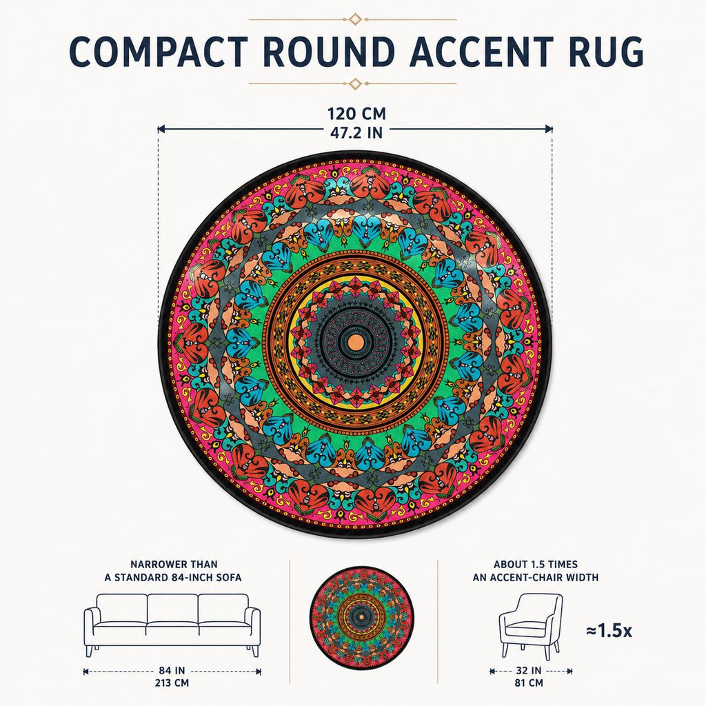 Round Boho Mandala Rug 47 Inch, Colorful Machine Woven Accent Rug, Bohemian Living Room Decor, Entryway Bedroom Rug