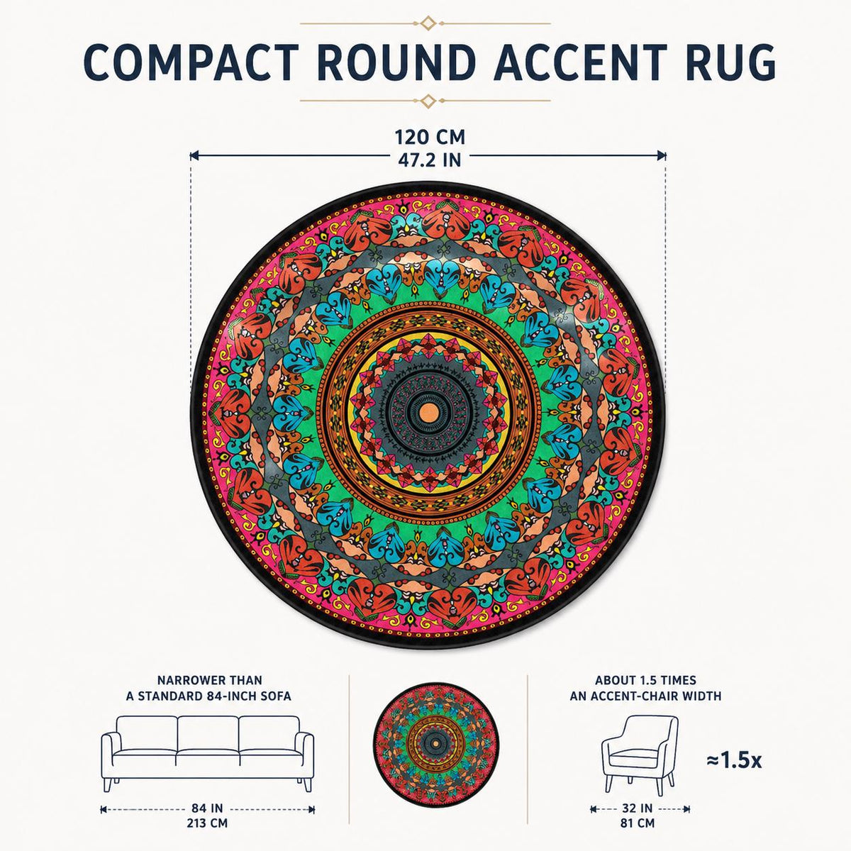 Round Boho Mandala Rug 47 Inch, Colorful Machine Woven Accent Rug, Bohemian Living Room Decor, Entryway Bedroom Rug