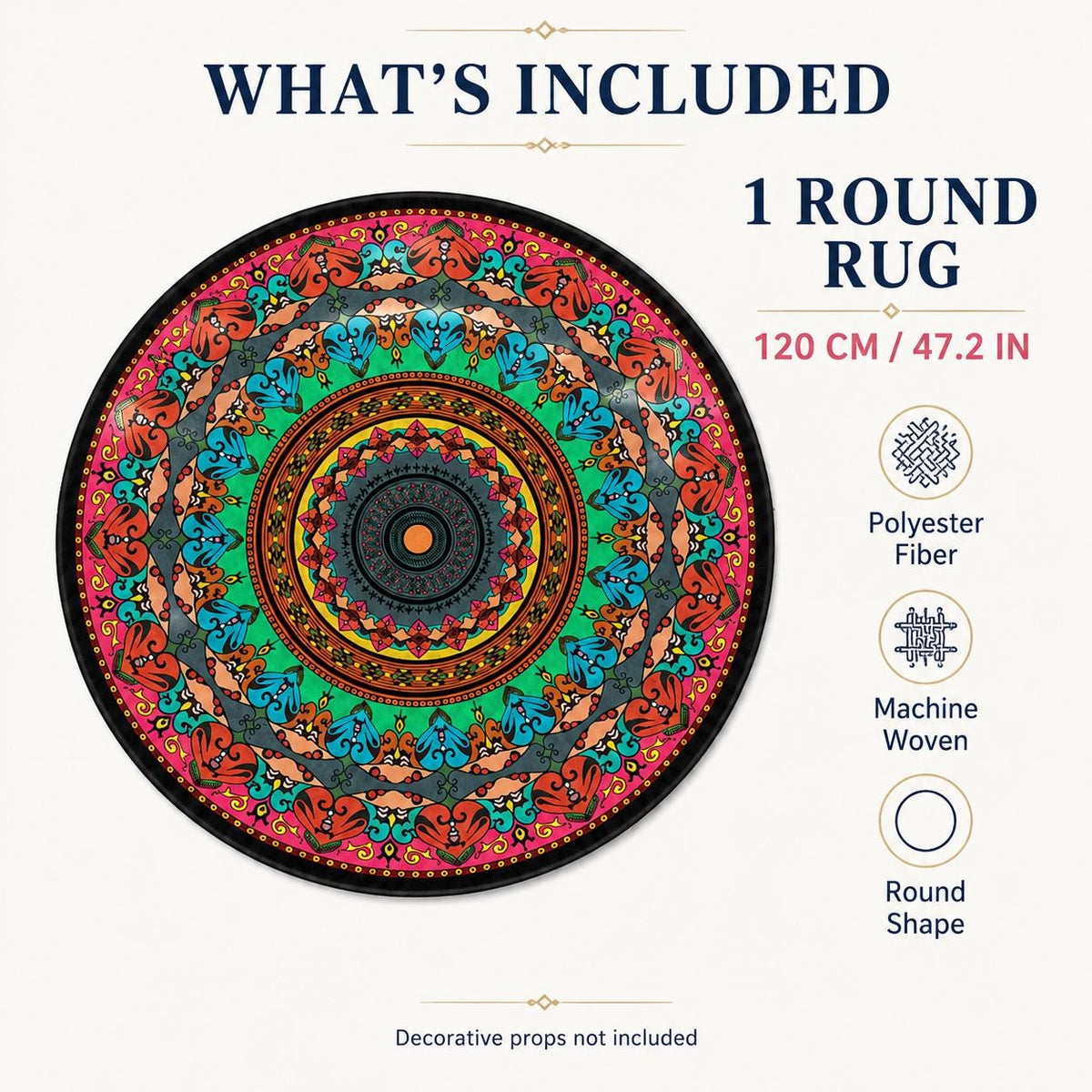 Round Boho Mandala Rug 47 Inch, Colorful Machine Woven Accent Rug, Bohemian Living Room Decor, Entryway Bedroom Rug