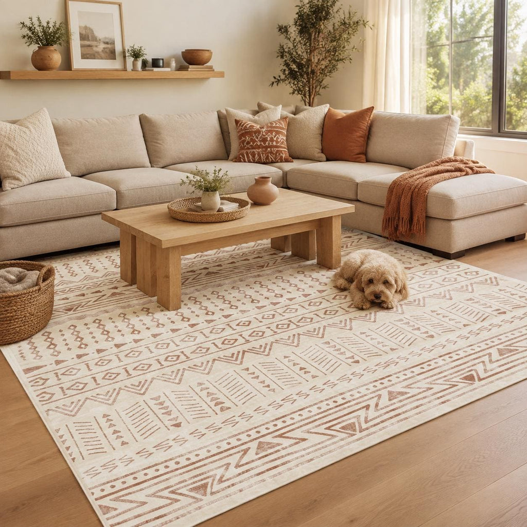 Area Rug, 6 X 9 Ft Large Washable Rug, Non-Slip And Tear-Resistant Soft Carpet, Pet & Child Friendly Modern Area Rugs, Indoor Mat For Bedroom, Office, Living Room, Kids Room, Entryway, Beige