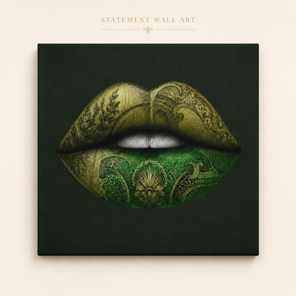Green Lips Canvas Wall Art, Money Lips Print, Dark Green Glam Decor, Fashion Wall Art, Maximalist Bedroom Decor, Luxury Art Gift